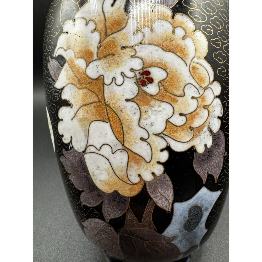 Vintage Brass And Cloisonne Vase China - 8" Flowers Butterfly - Pink & Yellow - Picture 10 of 13